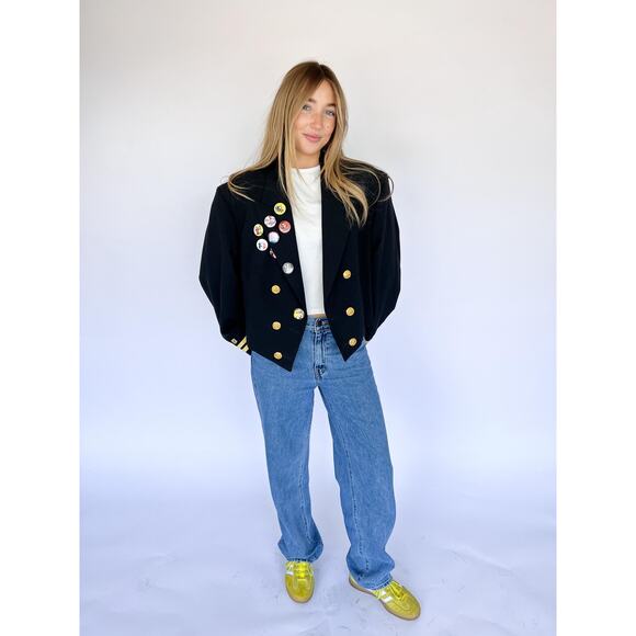 VTG 80s OS Crop Military Blazer Gold Buttons Trim, Streetwear 80s Rockstar Pins - Picture 6 of 6